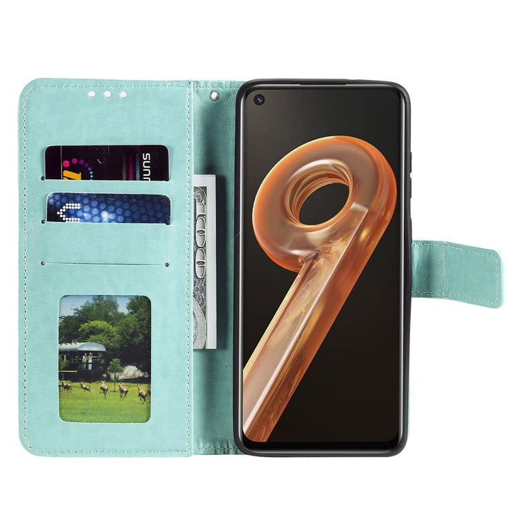 For Realme 9i / Oppo A36/A76 Imprinted Mandala Flower PU Leather Cover Viewing Stand Wallet Folio Flip Case with Wrist Strap - Green