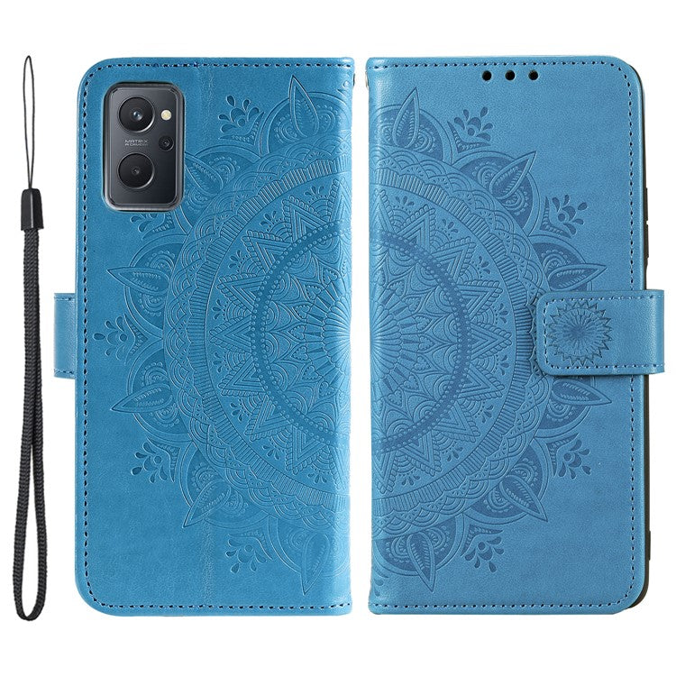 For Realme 9i / Oppo A36/A76 Imprinted Mandala Flower PU Leather Cover Viewing Stand Wallet Folio Flip Case with Wrist Strap - Blue