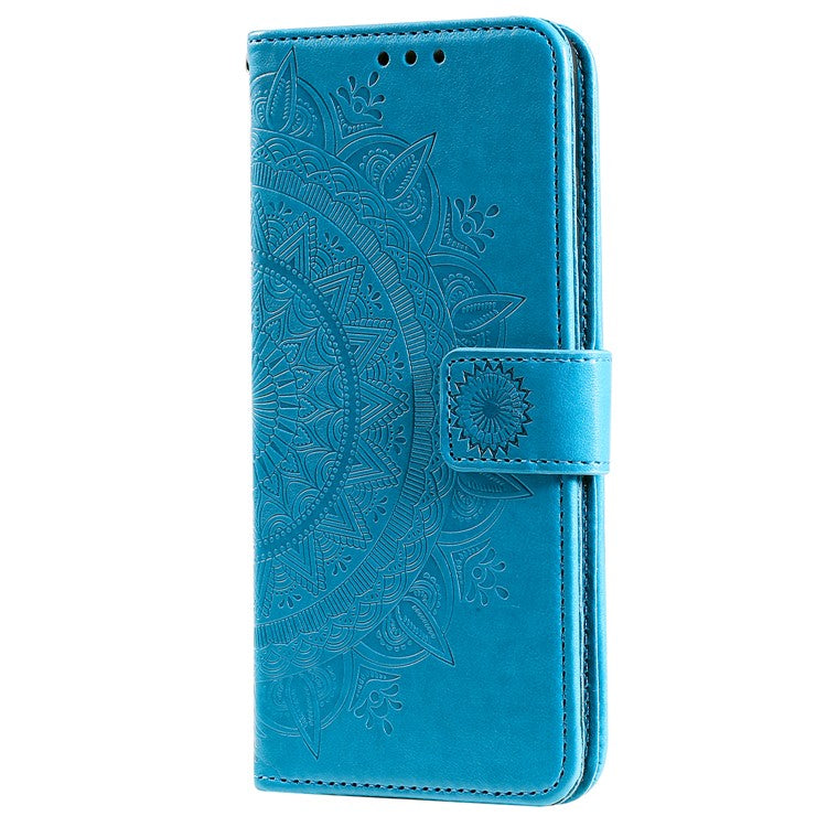 For Realme 9i / Oppo A36/A76 Imprinted Mandala Flower PU Leather Cover Viewing Stand Wallet Folio Flip Case with Wrist Strap - Blue