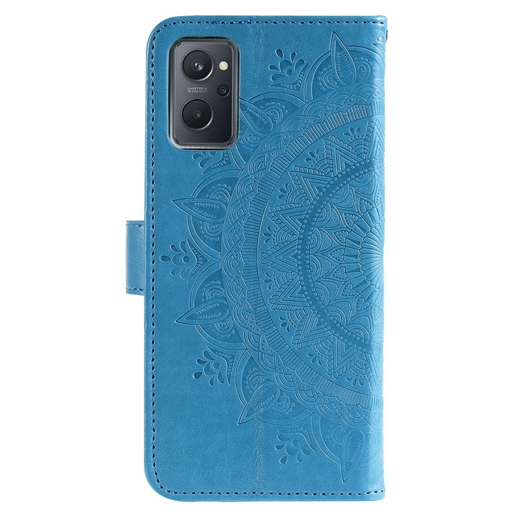 For Realme 9i / Oppo A36/A76 Imprinted Mandala Flower PU Leather Cover Viewing Stand Wallet Folio Flip Case with Wrist Strap - Blue