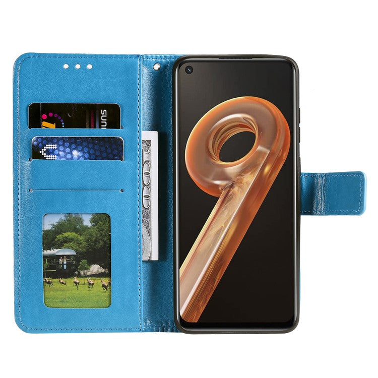 For Realme 9i / Oppo A36/A76 Imprinted Mandala Flower PU Leather Cover Viewing Stand Wallet Folio Flip Case with Wrist Strap - Blue