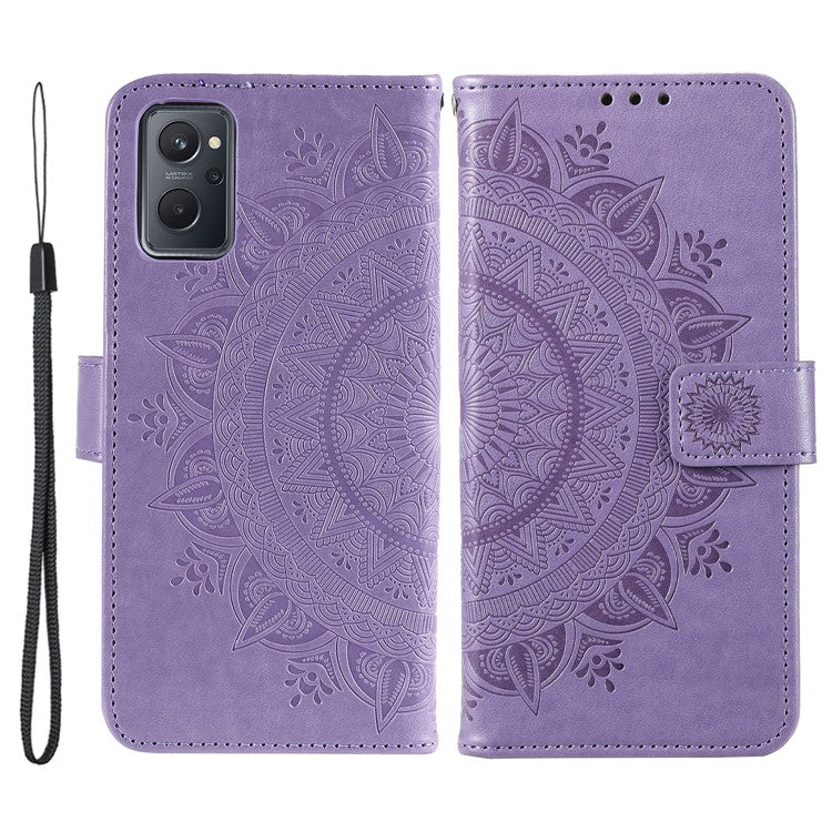 For Realme 9i / Oppo A36/A76 Imprinted Mandala Flower PU Leather Cover Viewing Stand Wallet Folio Flip Case with Wrist Strap - Purple