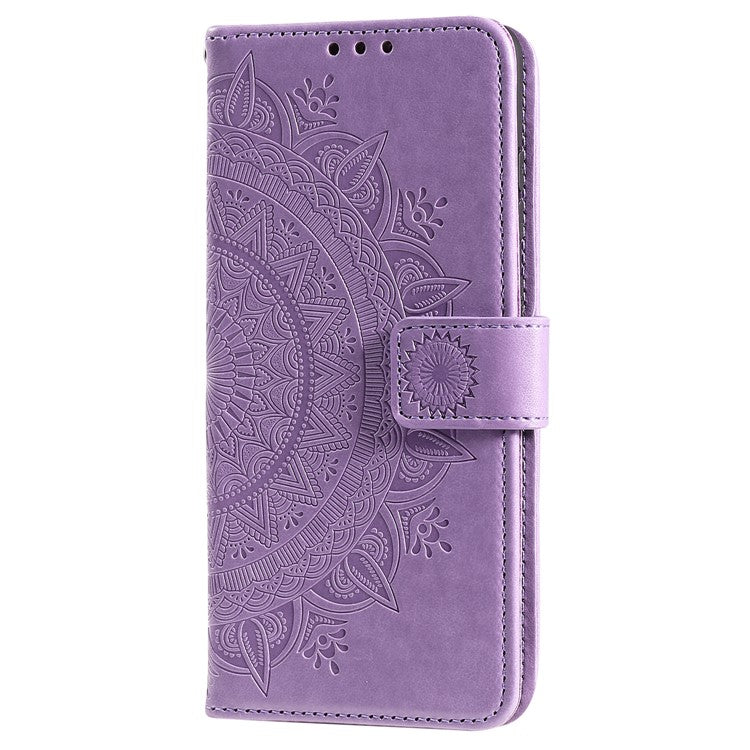 For Realme 9i / Oppo A36/A76 Imprinted Mandala Flower PU Leather Cover Viewing Stand Wallet Folio Flip Case with Wrist Strap - Purple