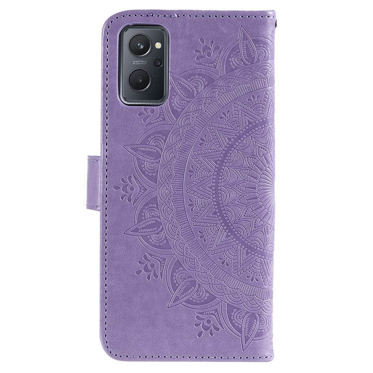 For Realme 9i / Oppo A36/A76 Imprinted Mandala Flower PU Leather Cover Viewing Stand Wallet Folio Flip Case with Wrist Strap - Purple