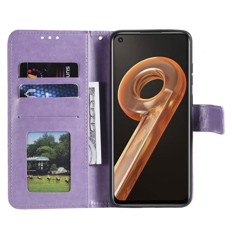 For Realme 9i / Oppo A36/A76 Imprinted Mandala Flower PU Leather Cover Viewing Stand Wallet Folio Flip Case with Wrist Strap - Purple