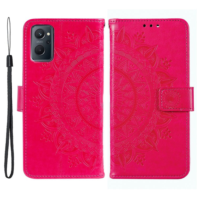 For Realme 9i / Oppo A36/A76 Imprinted Mandala Flower PU Leather Cover Viewing Stand Wallet Folio Flip Case with Wrist Strap - Rose