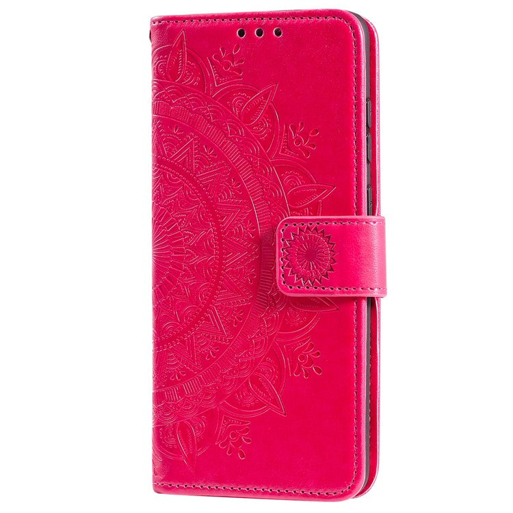 For Realme 9i / Oppo A36/A76 Imprinted Mandala Flower PU Leather Cover Viewing Stand Wallet Folio Flip Case with Wrist Strap - Rose