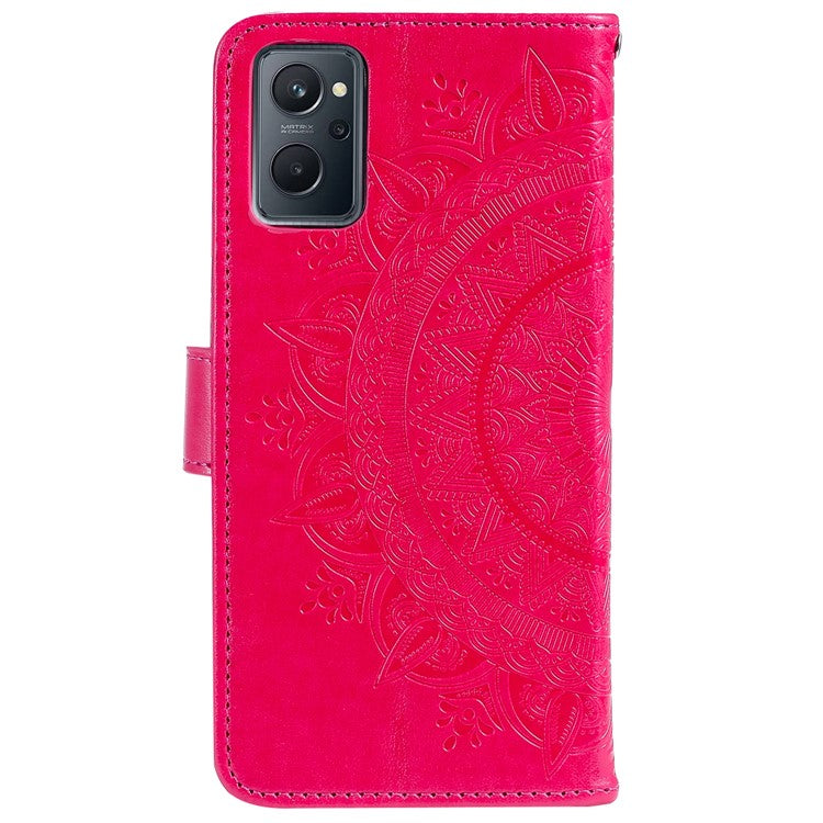 For Realme 9i / Oppo A36/A76 Imprinted Mandala Flower PU Leather Cover Viewing Stand Wallet Folio Flip Case with Wrist Strap - Rose