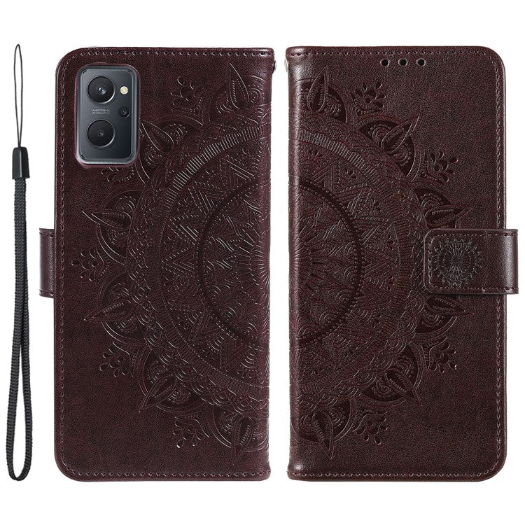 For Realme 9i / Oppo A36/A76 Imprinted Mandala Flower PU Leather Cover Viewing Stand Wallet Folio Flip Case with Wrist Strap - Brown