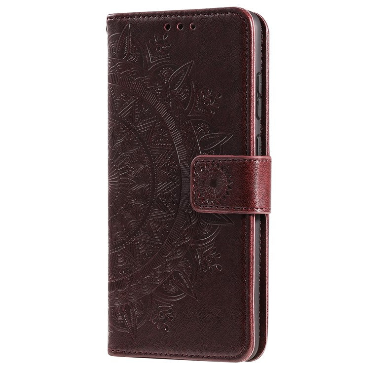 For Realme 9i / Oppo A36/A76 Imprinted Mandala Flower PU Leather Cover Viewing Stand Wallet Folio Flip Case with Wrist Strap - Brown