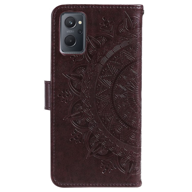 For Realme 9i / Oppo A36/A76 Imprinted Mandala Flower PU Leather Cover Viewing Stand Wallet Folio Flip Case with Wrist Strap - Brown