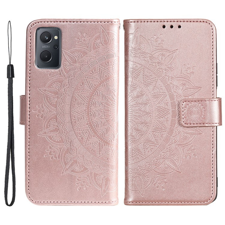 For Realme 9i / Oppo A36/A76 Imprinted Mandala Flower PU Leather Cover Viewing Stand Wallet Folio Flip Case with Wrist Strap - Rose Gold