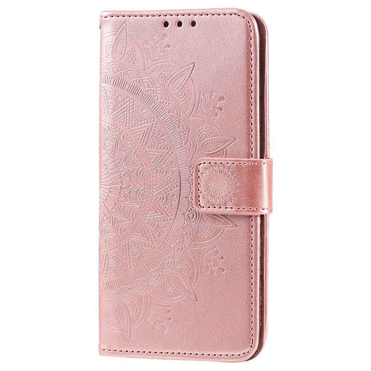 For Realme 9i / Oppo A36/A76 Imprinted Mandala Flower PU Leather Cover Viewing Stand Wallet Folio Flip Case with Wrist Strap - Rose Gold