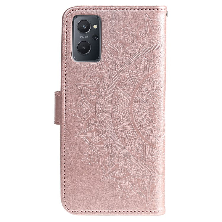 For Realme 9i / Oppo A36/A76 Imprinted Mandala Flower PU Leather Cover Viewing Stand Wallet Folio Flip Case with Wrist Strap - Rose Gold