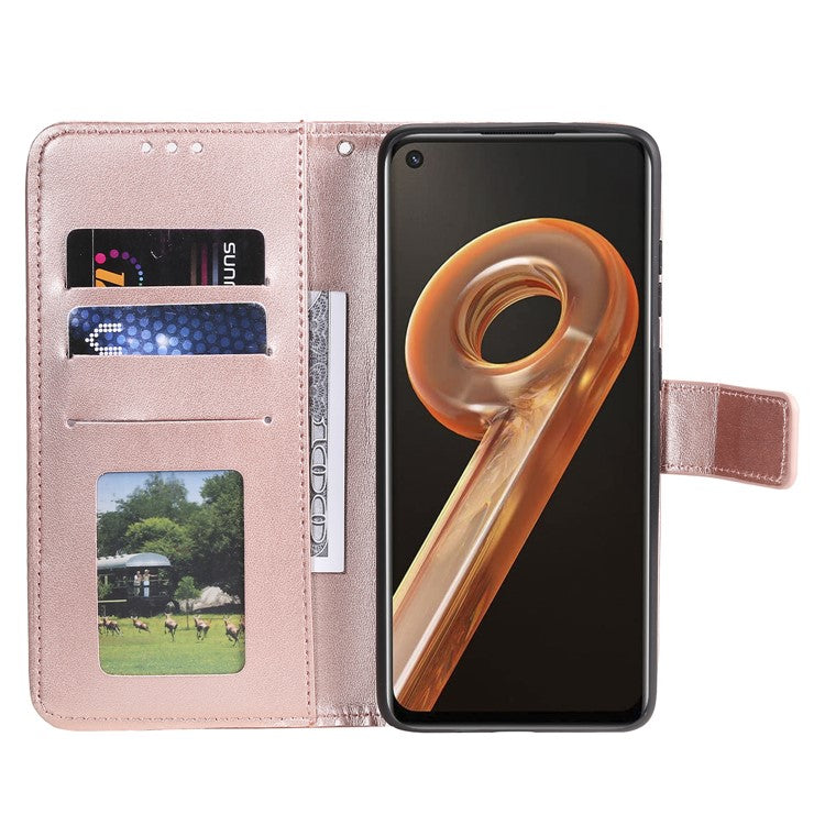 For Realme 9i / Oppo A36/A76 Imprinted Mandala Flower PU Leather Cover Viewing Stand Wallet Folio Flip Case with Wrist Strap - Rose Gold