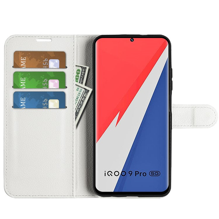 Litchi Texture Phone Case for vivo iQOO 9 Pro, Wallet Phone Stand PU Leather Protective Cover - White