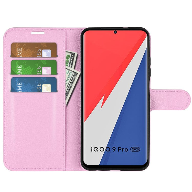 Litchi Texture Phone Case for vivo iQOO 9 Pro, Wallet Phone Stand PU Leather Protective Cover - Pink