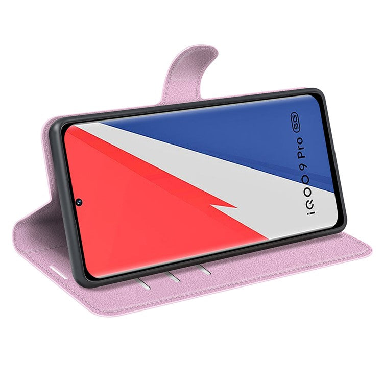 Litchi Texture Phone Case for vivo iQOO 9 Pro, Wallet Phone Stand PU Leather Protective Cover - Pink