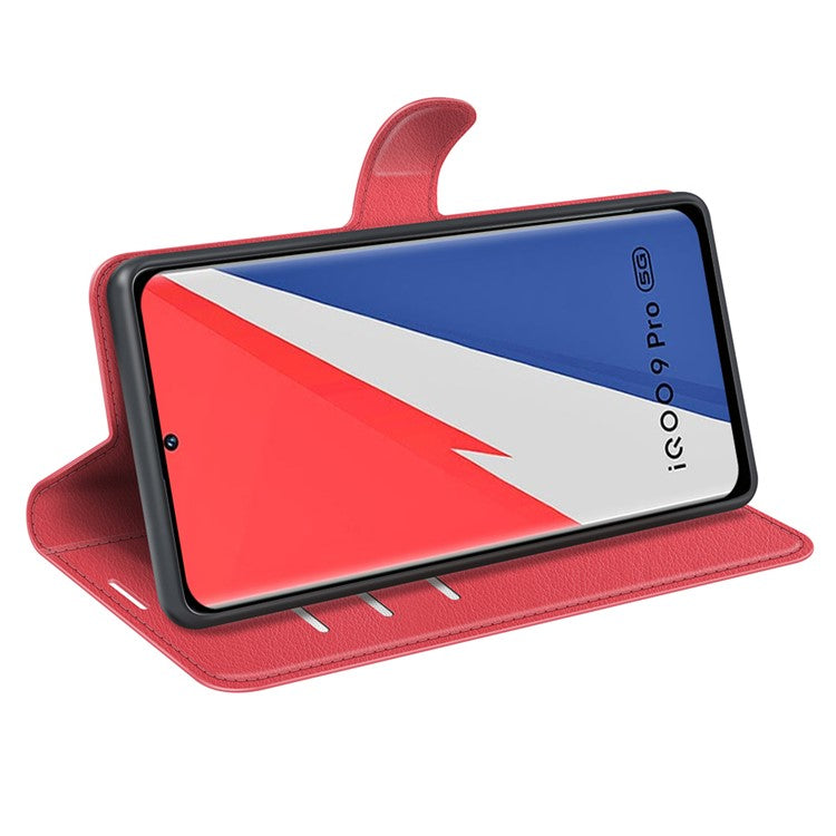 Litchi Texture Phone Case for vivo iQOO 9 Pro, Wallet Phone Stand PU Leather Protective Cover - Red