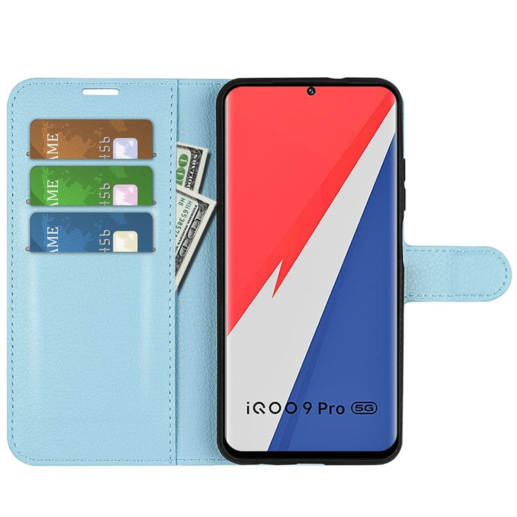 Litchi Texture Phone Case for vivo iQOO 9 Pro, Wallet Phone Stand PU Leather Protective Cover - Blue