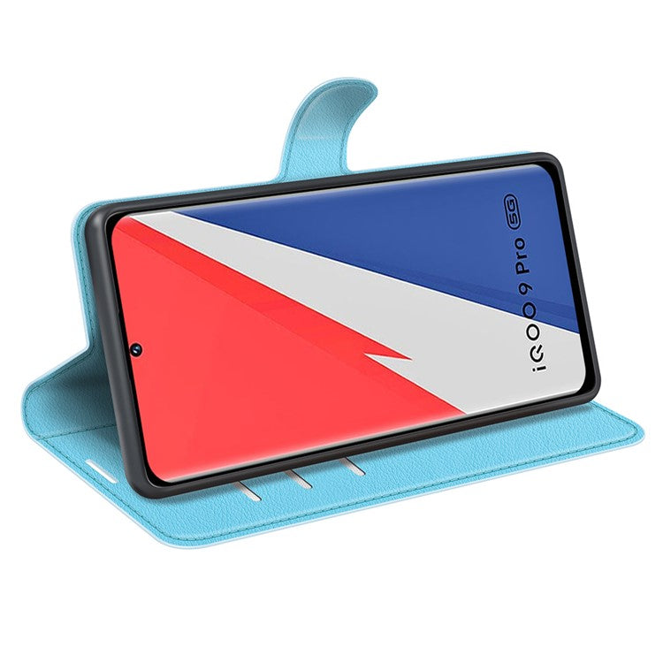 Litchi Texture Phone Case for vivo iQOO 9 Pro, Wallet Phone Stand PU Leather Protective Cover - Blue