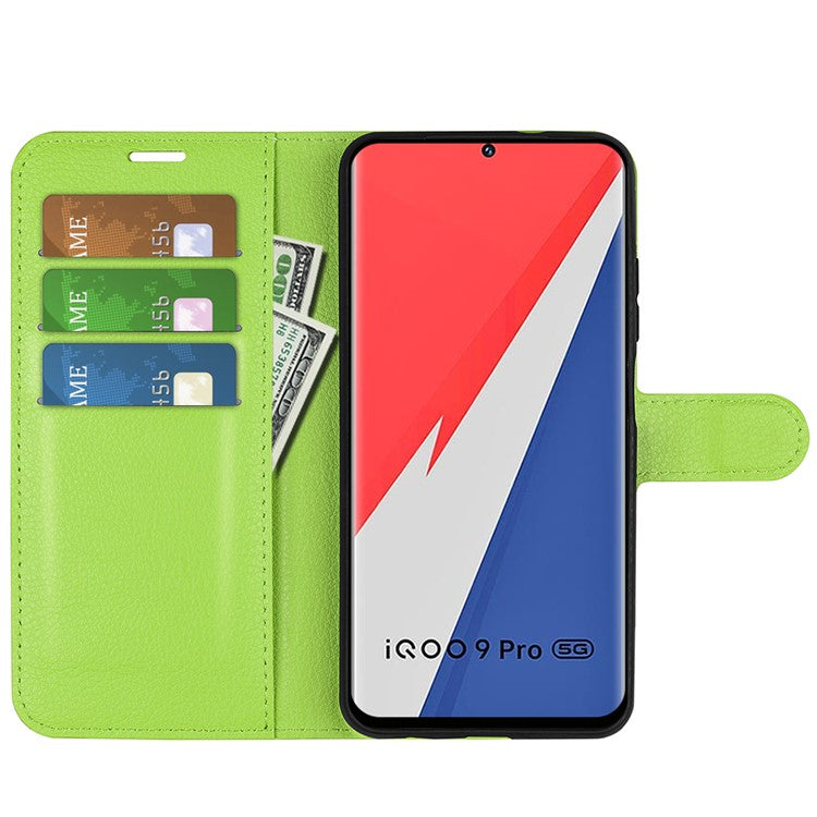 Litchi Texture Phone Case for vivo iQOO 9 Pro, Wallet Phone Stand PU Leather Protective Cover - Green