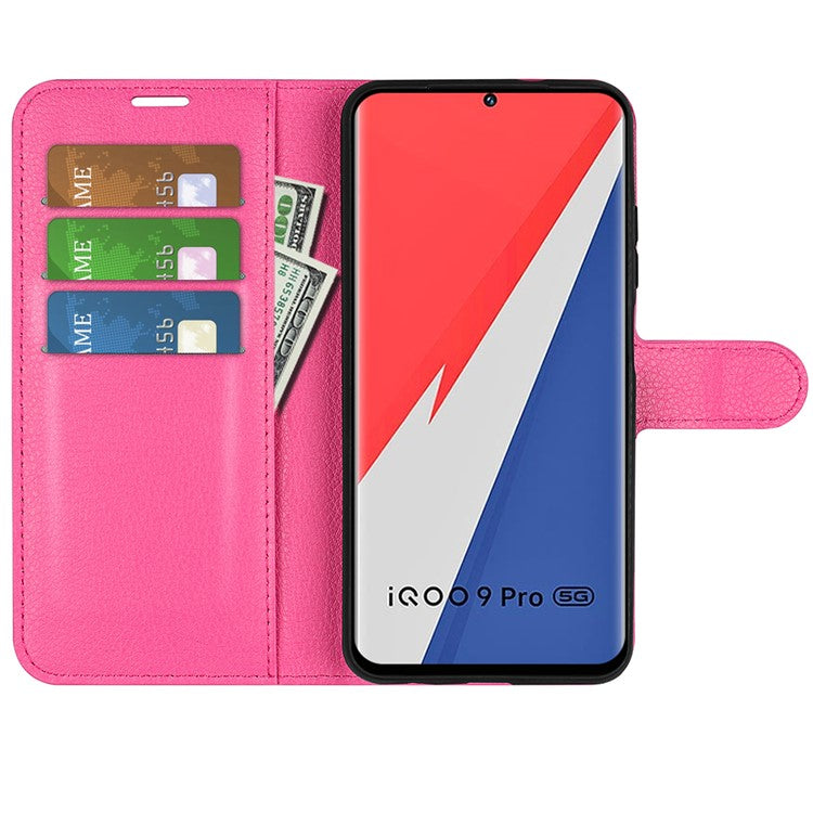 Litchi Texture Phone Case for vivo iQOO 9 Pro, Wallet Phone Stand PU Leather Protective Cover - Rose