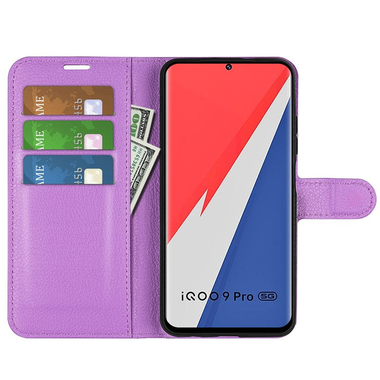 Litchi Texture Phone Case for vivo iQOO 9 Pro, Wallet Phone Stand PU Leather Protective Cover - Purple