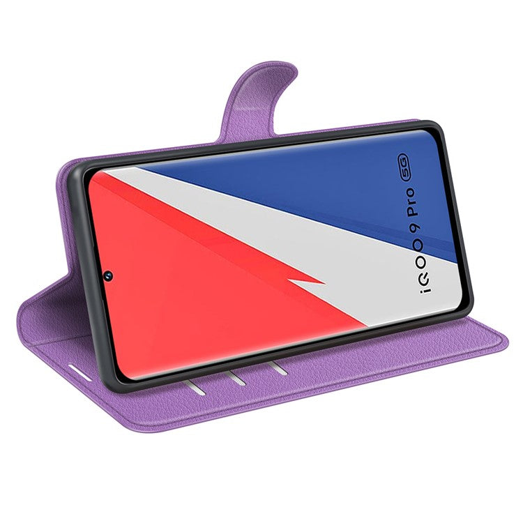 Litchi Texture Phone Case for vivo iQOO 9 Pro, Wallet Phone Stand PU Leather Protective Cover - Purple