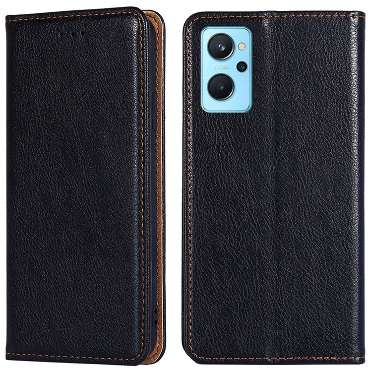 For Realme 9i / Oppo A36/A76 Shockproof PU Leather Wallet Case Viewing Stand Magnetic Absorption TPU Shell Folio Flip Cover - Black