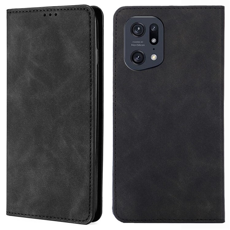 Skin-touch Leather Case for Oppo Find X5 Pro, Card Holder Stand Auto Closing Magnetic Phone Cover - Black