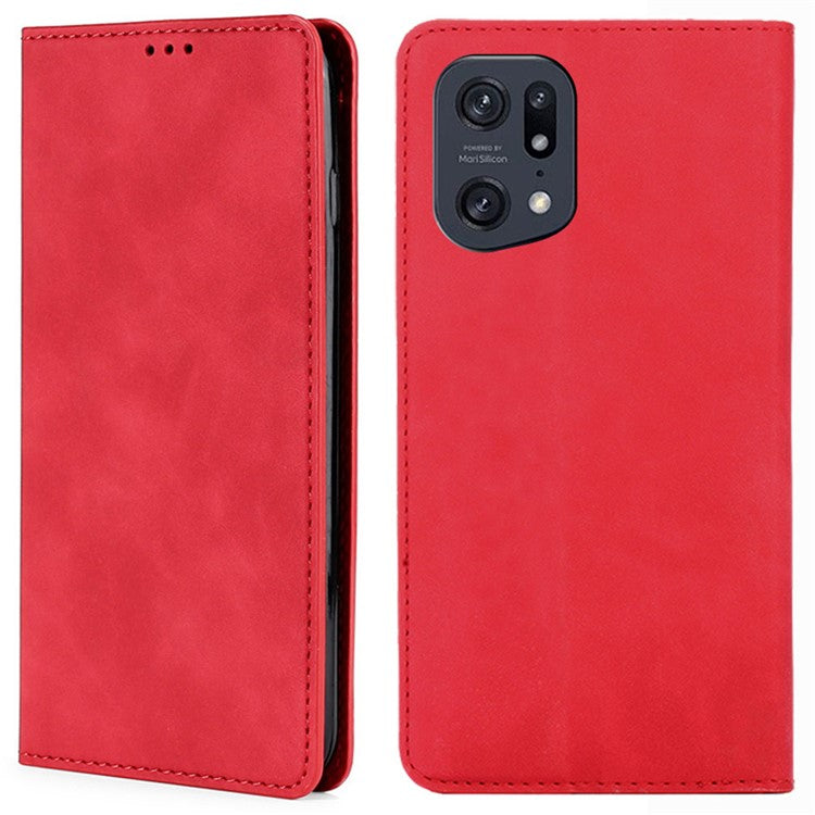 Skin-touch Leather Case for Oppo Find X5 Pro, Card Holder Stand Auto Closing Magnetic Phone Cover - Red