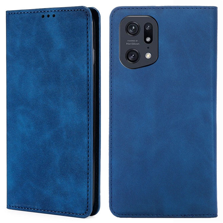 Skin-touch Leather Case for Oppo Find X5 Pro, Card Holder Stand Auto Closing Magnetic Phone Cover - Blue