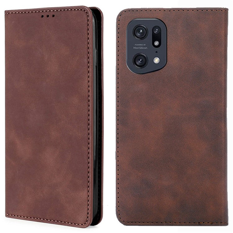 Skin-touch Leather Case for Oppo Find X5 Pro, Card Holder Stand Auto Closing Magnetic Phone Cover - Dark Brown