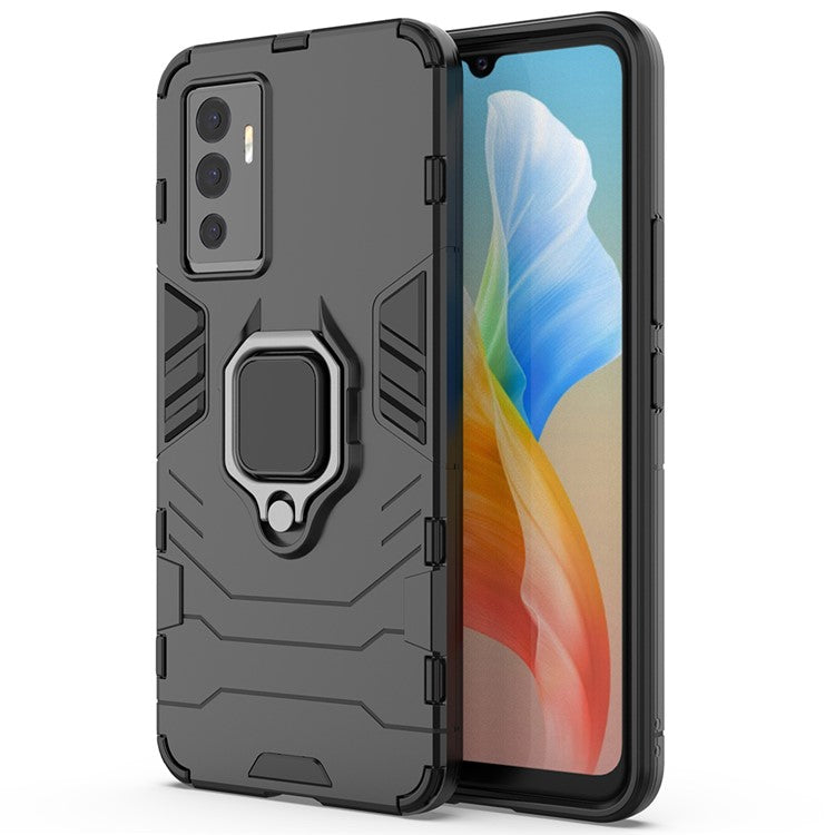 PC + TPU Combo Hybrid Phone Protective Cover for vivo S10e/V23e 4G Landscape Viewing Ring Kickstand Case Phone Accessory - Black