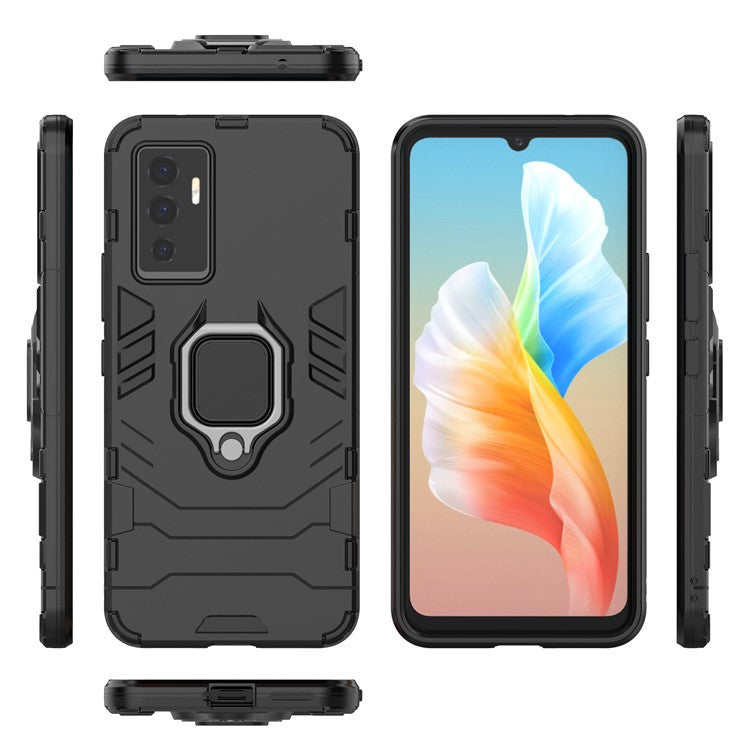 PC + TPU Combo Hybrid Phone Protective Cover for vivo S10e/V23e 4G Landscape Viewing Ring Kickstand Case Phone Accessory - Black