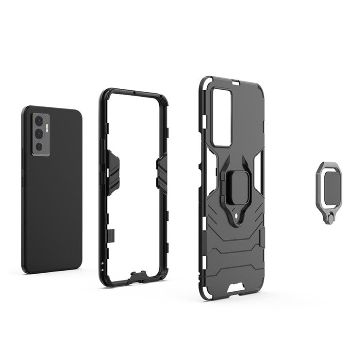 PC + TPU Combo Hybrid Phone Protective Cover for vivo S10e/V23e 4G Landscape Viewing Ring Kickstand Case Phone Accessory - Black