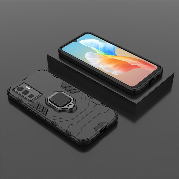 PC + TPU Combo Hybrid Phone Protective Cover for vivo S10e/V23e 4G Landscape Viewing Ring Kickstand Case Phone Accessory - Black