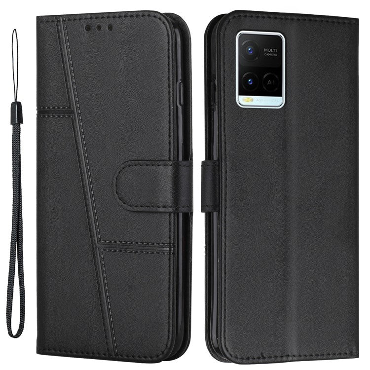 For vivo Y33s / Y21s / Y21 Folding Stand Stitching PU Leather Case Stand Magnetic Closure Shockproof Flip Folio Book Cover with Strap - Black