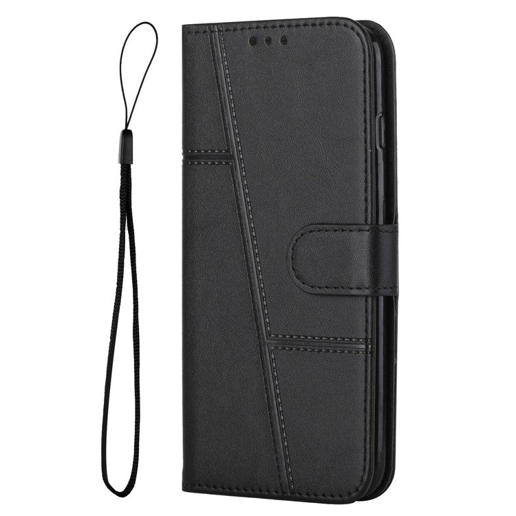 For vivo Y33s / Y21s / Y21 Folding Stand Stitching PU Leather Case Stand Magnetic Closure Shockproof Flip Folio Book Cover with Strap - Black