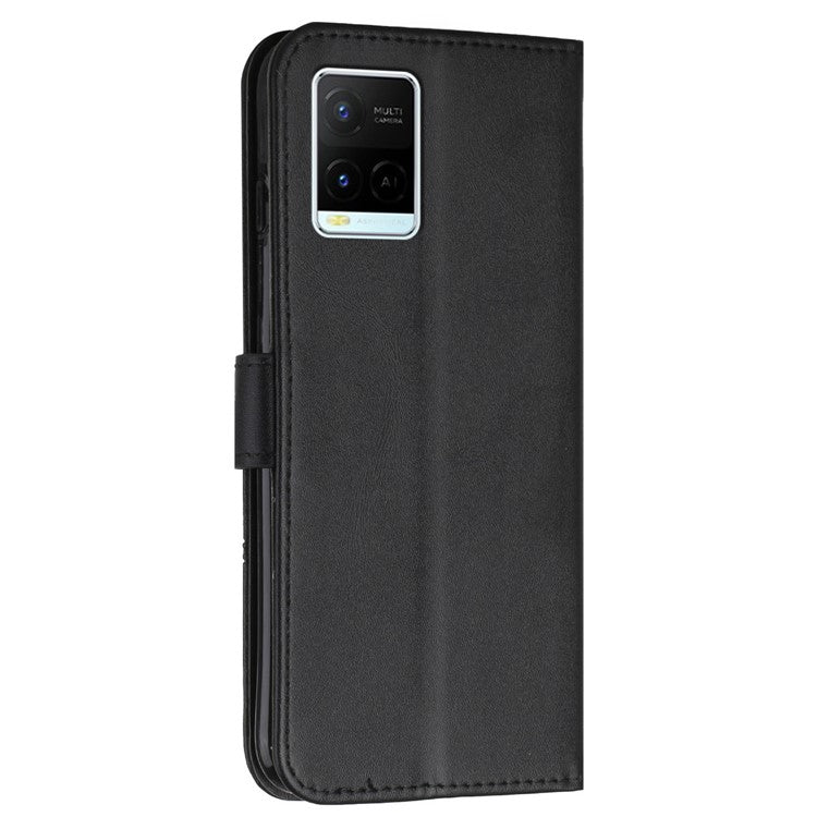 For vivo Y33s / Y21s / Y21 Folding Stand Stitching PU Leather Case Stand Magnetic Closure Shockproof Flip Folio Book Cover with Strap - Black