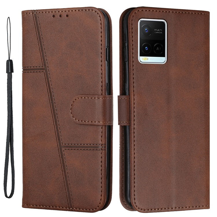 For vivo Y33s / Y21s / Y21 Folding Stand Stitching PU Leather Case Stand Magnetic Closure Shockproof Flip Folio Book Cover with Strap - Brown