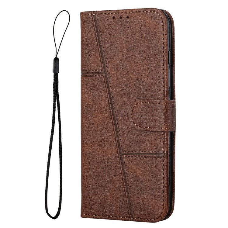 For vivo Y33s / Y21s / Y21 Folding Stand Stitching PU Leather Case Stand Magnetic Closure Shockproof Flip Folio Book Cover with Strap - Brown