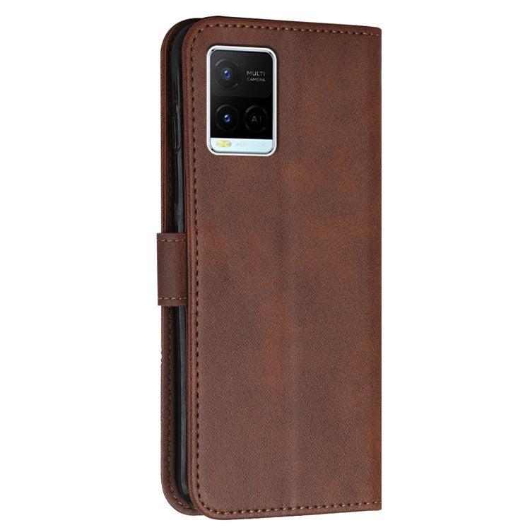 For vivo Y33s / Y21s / Y21 Folding Stand Stitching PU Leather Case Stand Magnetic Closure Shockproof Flip Folio Book Cover with Strap - Brown