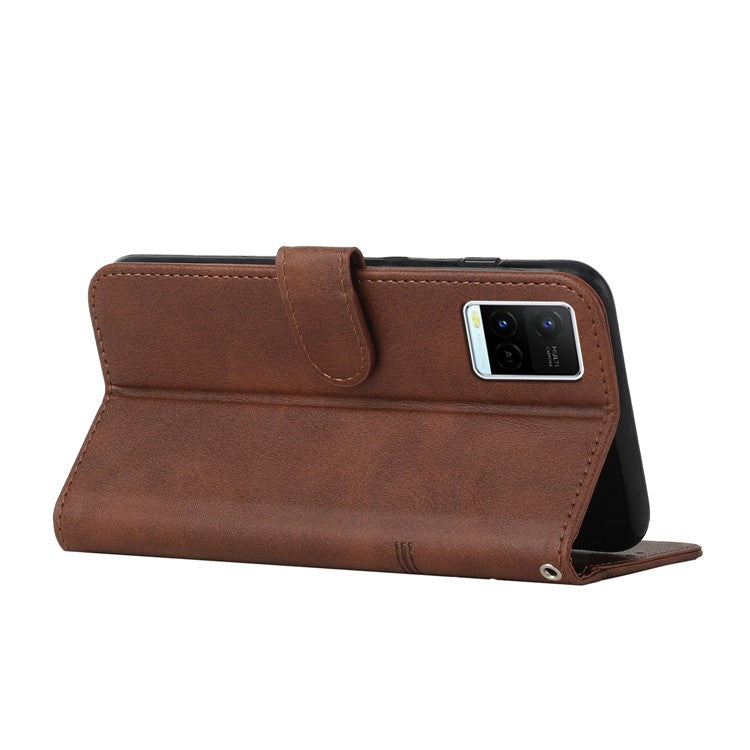 For vivo Y33s / Y21s / Y21 Folding Stand Stitching PU Leather Case Stand Magnetic Closure Shockproof Flip Folio Book Cover with Strap - Brown