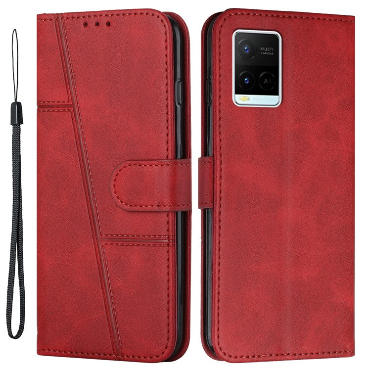 For vivo Y33s / Y21s / Y21 Folding Stand Stitching PU Leather Case Stand Magnetic Closure Shockproof Flip Folio Book Cover with Strap - Red