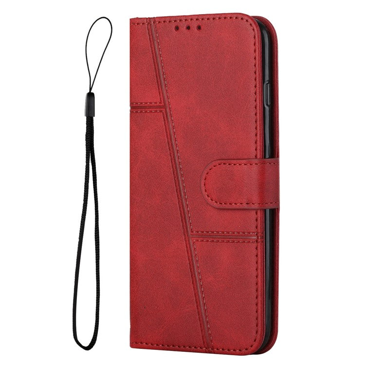 For vivo Y33s / Y21s / Y21 Folding Stand Stitching PU Leather Case Stand Magnetic Closure Shockproof Flip Folio Book Cover with Strap - Red