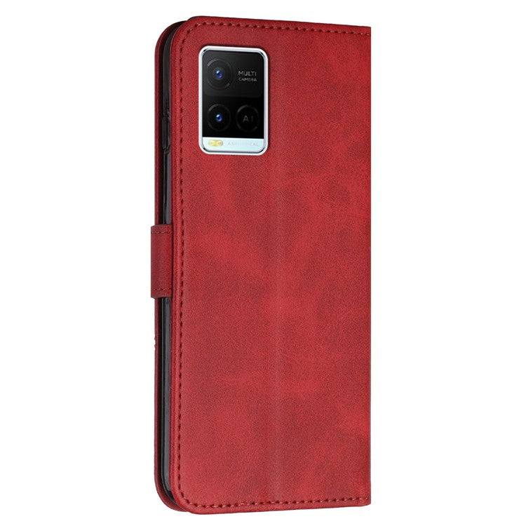 For vivo Y33s / Y21s / Y21 Folding Stand Stitching PU Leather Case Stand Magnetic Closure Shockproof Flip Folio Book Cover with Strap - Red