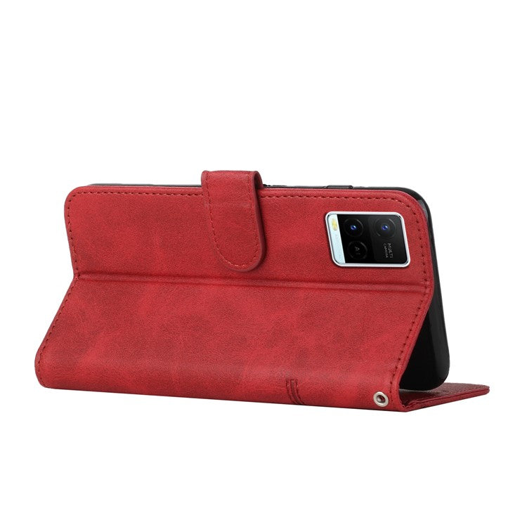 For vivo Y33s / Y21s / Y21 Folding Stand Stitching PU Leather Case Stand Magnetic Closure Shockproof Flip Folio Book Cover with Strap - Red