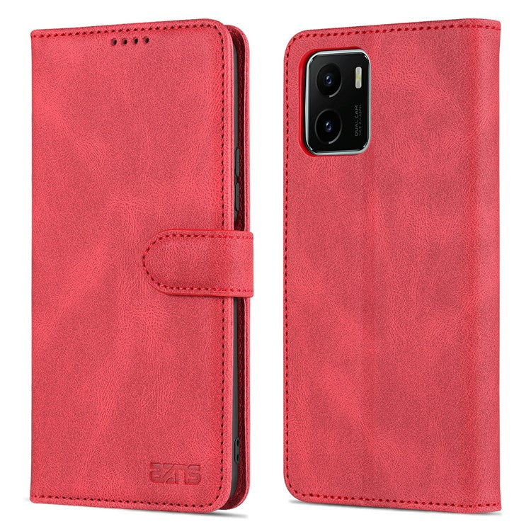 AZNS PU Leather Cover for vivo Y15a/Y15s, Shockproof Anti-scratch Wallet Stand TPU Interior Shell Case - Red